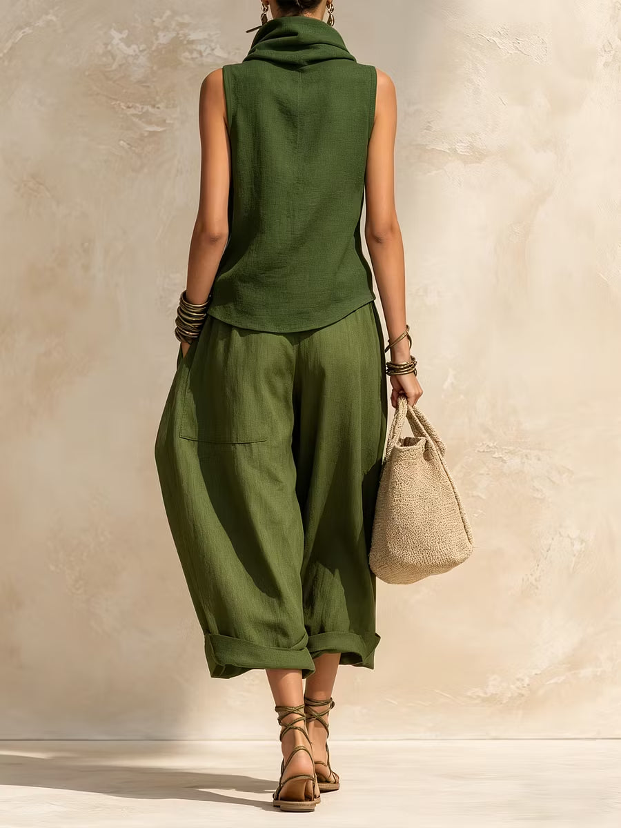 Green Cowl-Neck Sleeveless Top and Drop-Crotch Pants Set