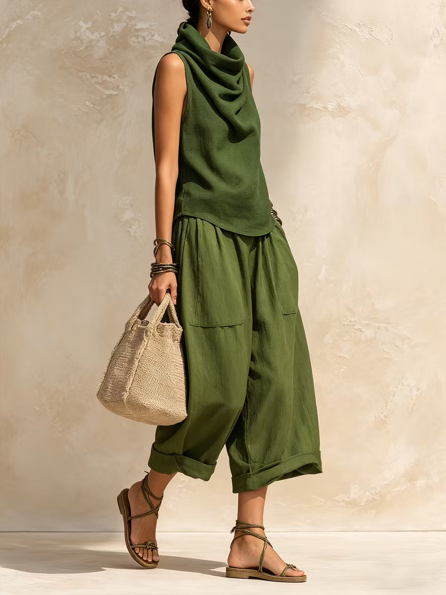 Green Cowl-Neck Sleeveless Top and Drop-Crotch Pants Set