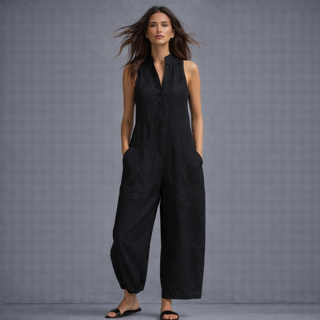 “Elisa – sleeveless linen-blend minimalist jumpsuit with a high neckline”