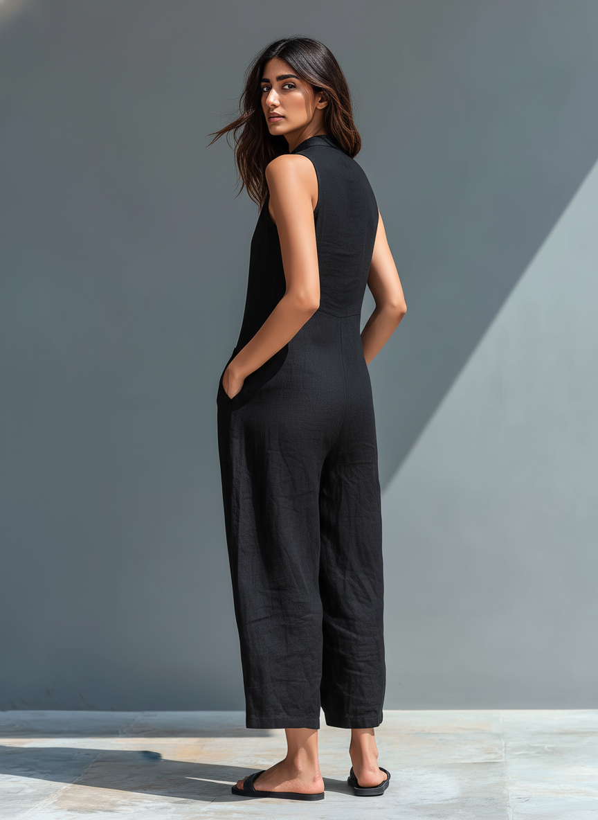 “Elisa – sleeveless linen-blend minimalist jumpsuit with a high neckline”