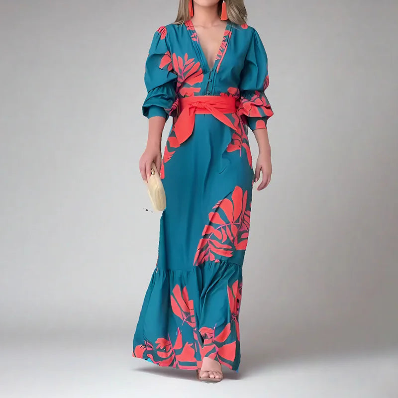 Maribel™ - Bohemian Print Dress with V-Neck and Long Sleeved