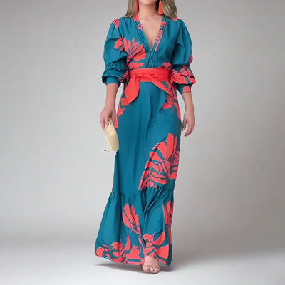 Maribel™ - Bohemian Print Dress with V-Neck and Long Sleeved