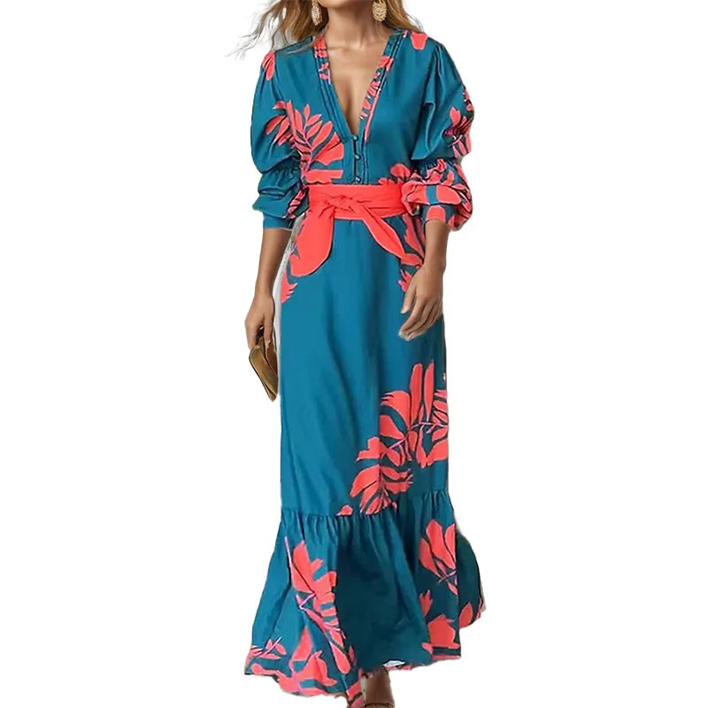Maribel™ - Bohemian Print Dress with V-Neck and Long Sleeved
