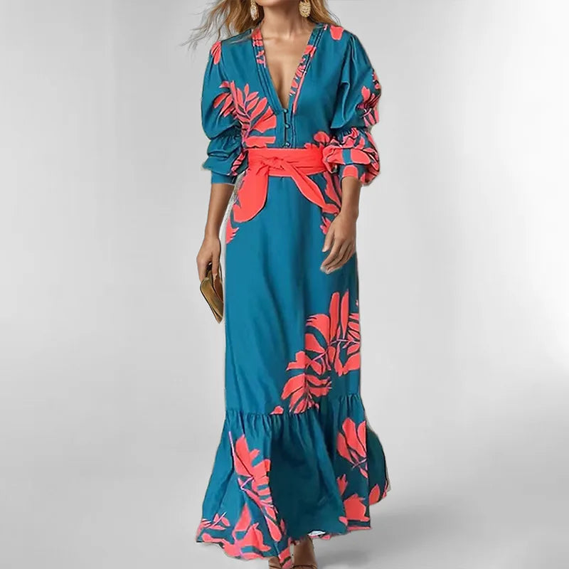 Maribel™ - Bohemian Print Dress with V-Neck and Long Sleeved