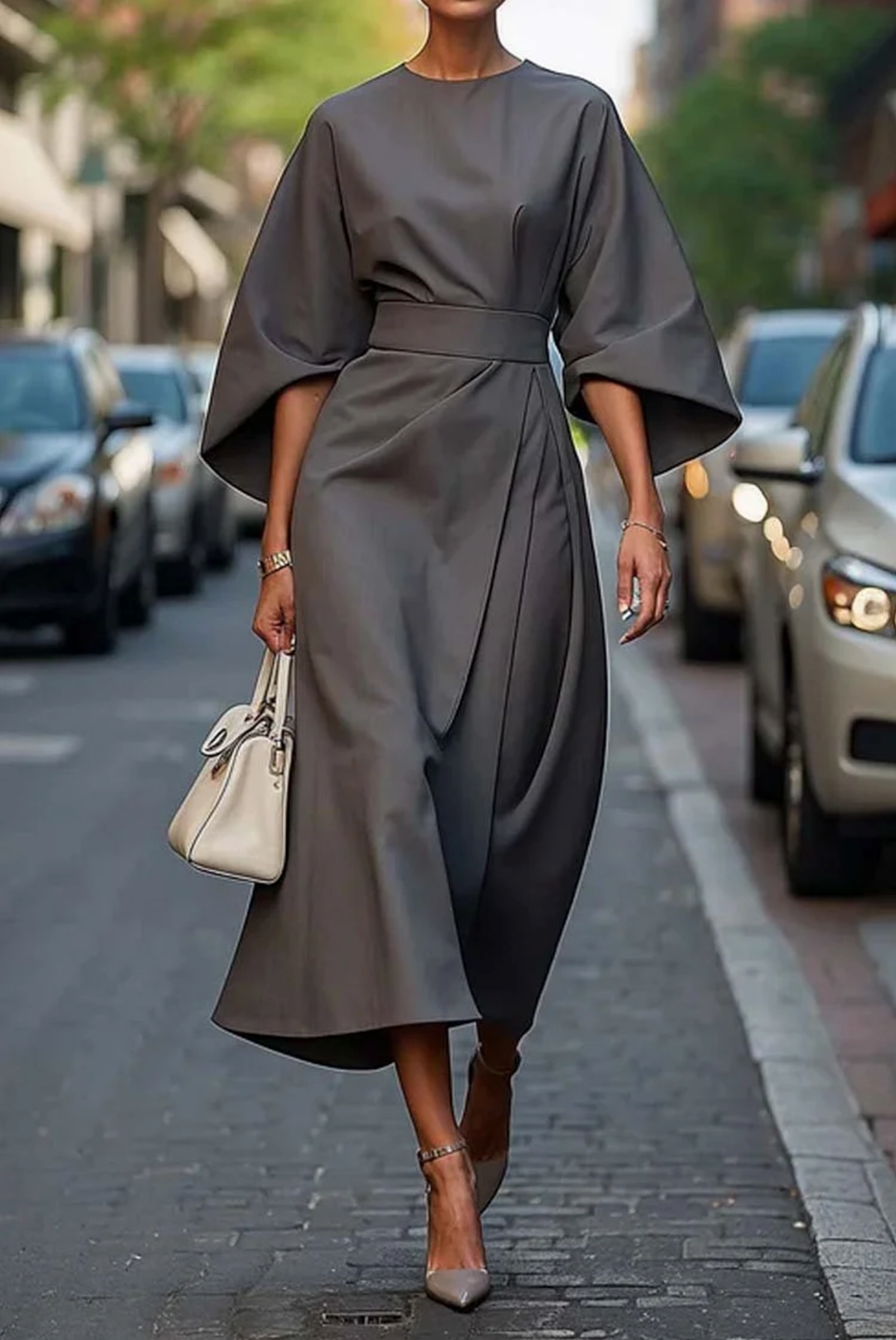 Emilia™ - Elegant Dress with Lantern Sleeves and Belt