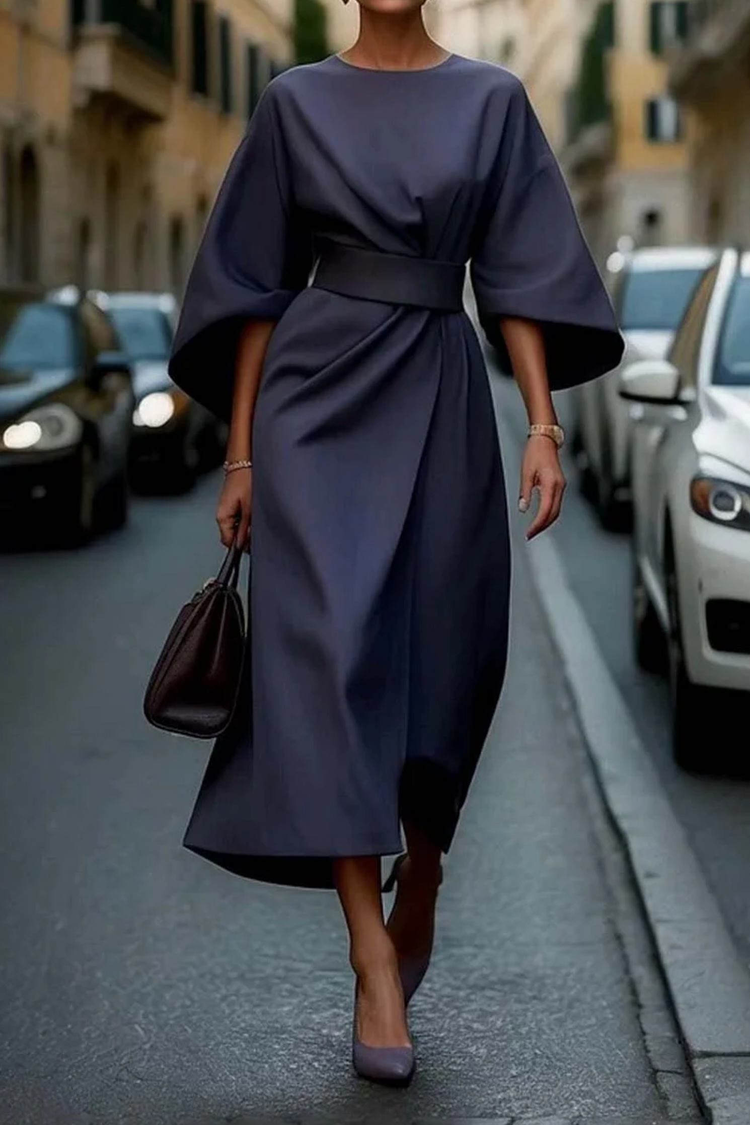 Emilia™ - Elegant Dress with Lantern Sleeves and Belt