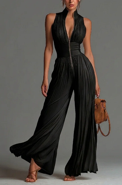 V-neck Sleeveless Zip-up Pleated Wide-leg Chiffon Jumpsuit