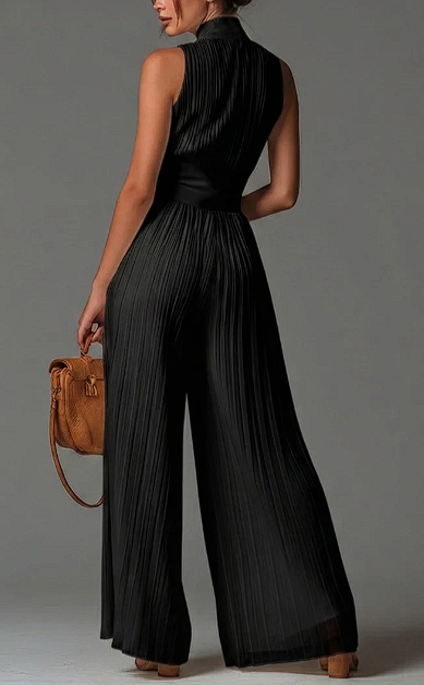 V-neck Sleeveless Zip-up Pleated Wide-leg Chiffon Jumpsuit