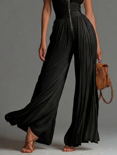 V-neck Sleeveless Zip-up Pleated Wide-leg Chiffon Jumpsuit
