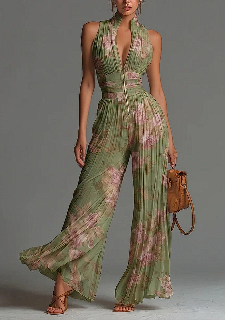 V-neck Sleeveless Zip-up Pleated Wide-leg Chiffon Jumpsuit