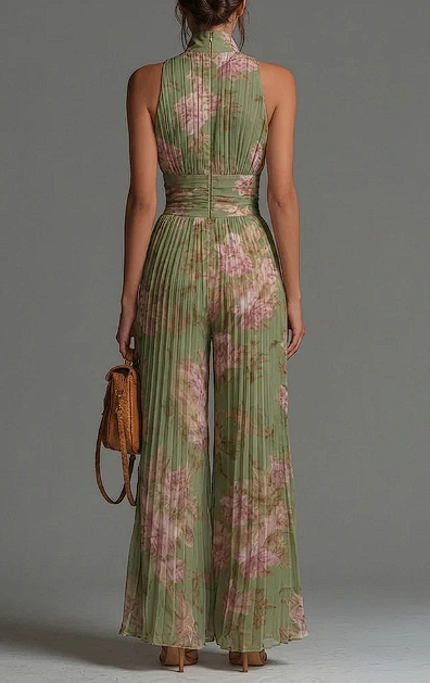 V-neck Sleeveless Zip-up Pleated Wide-leg Chiffon Jumpsuit