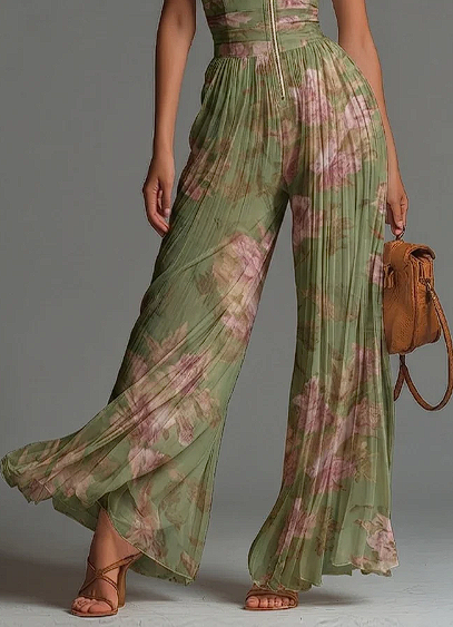 V-neck Sleeveless Zip-up Pleated Wide-leg Chiffon Jumpsuit