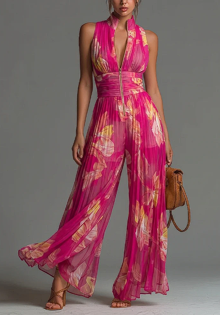 V-neck Sleeveless Zip-up Pleated Wide-leg Chiffon Jumpsuit