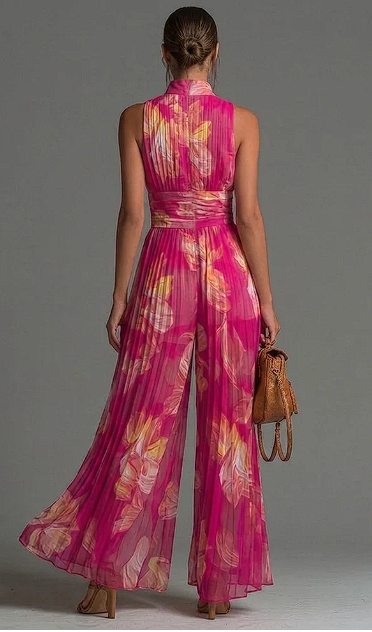 V-neck Sleeveless Zip-up Pleated Wide-leg Chiffon Jumpsuit
