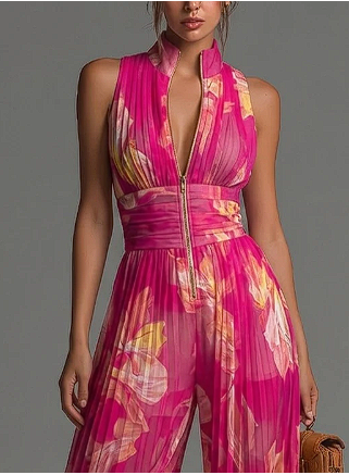V-neck Sleeveless Zip-up Pleated Wide-leg Chiffon Jumpsuit