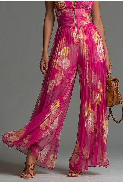V-neck Sleeveless Zip-up Pleated Wide-leg Chiffon Jumpsuit