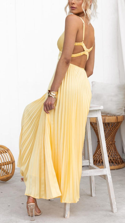 Victoria™ - Yellow Pleated V-Neck Maxi Dress