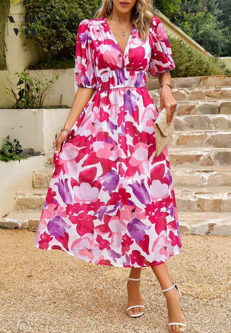 Stephanie™ - Luxurious Floral Midi Dress
