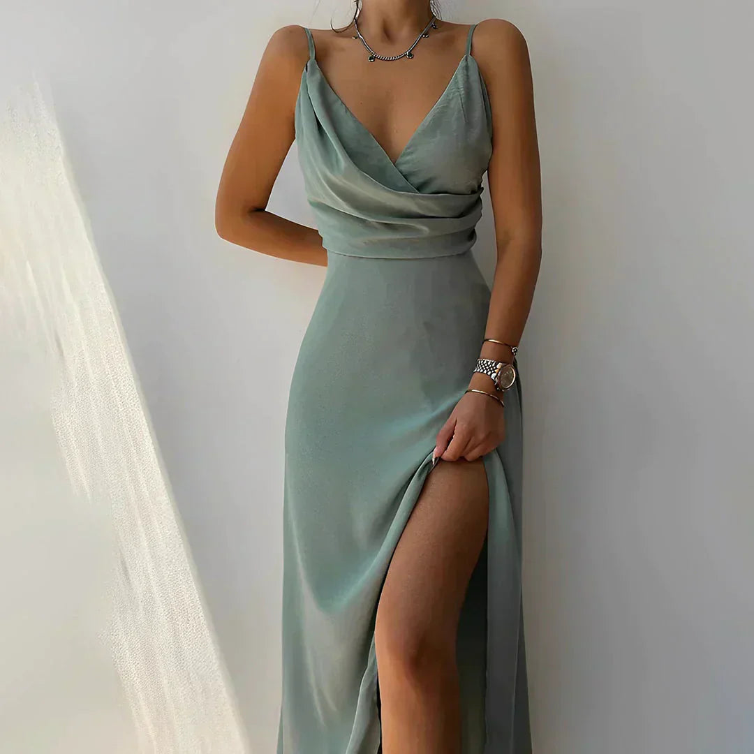 Elina™ - Sleeveless Dress Featuring a Waterfall Neckline and Elegant Slit