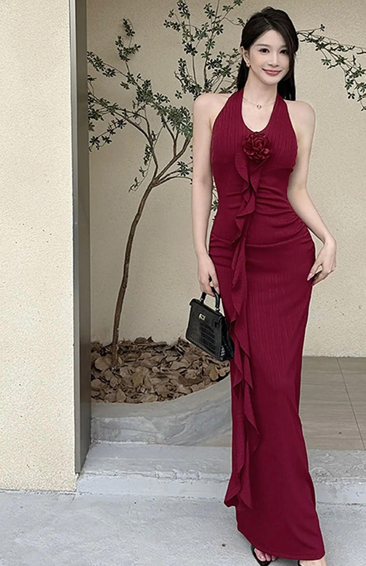 Women Halter Neck Ruffled Sheath Maxi Dress
