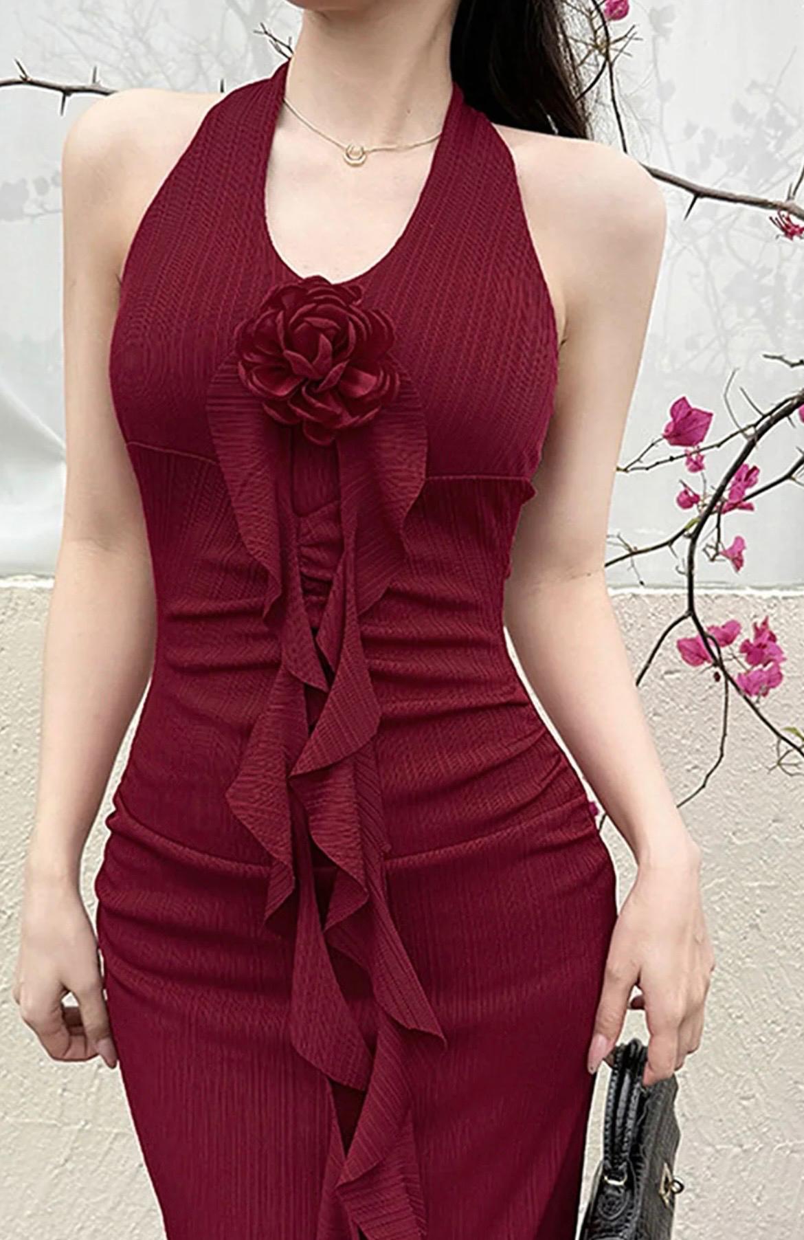 Women Halter Neck Ruffled Sheath Maxi Dress