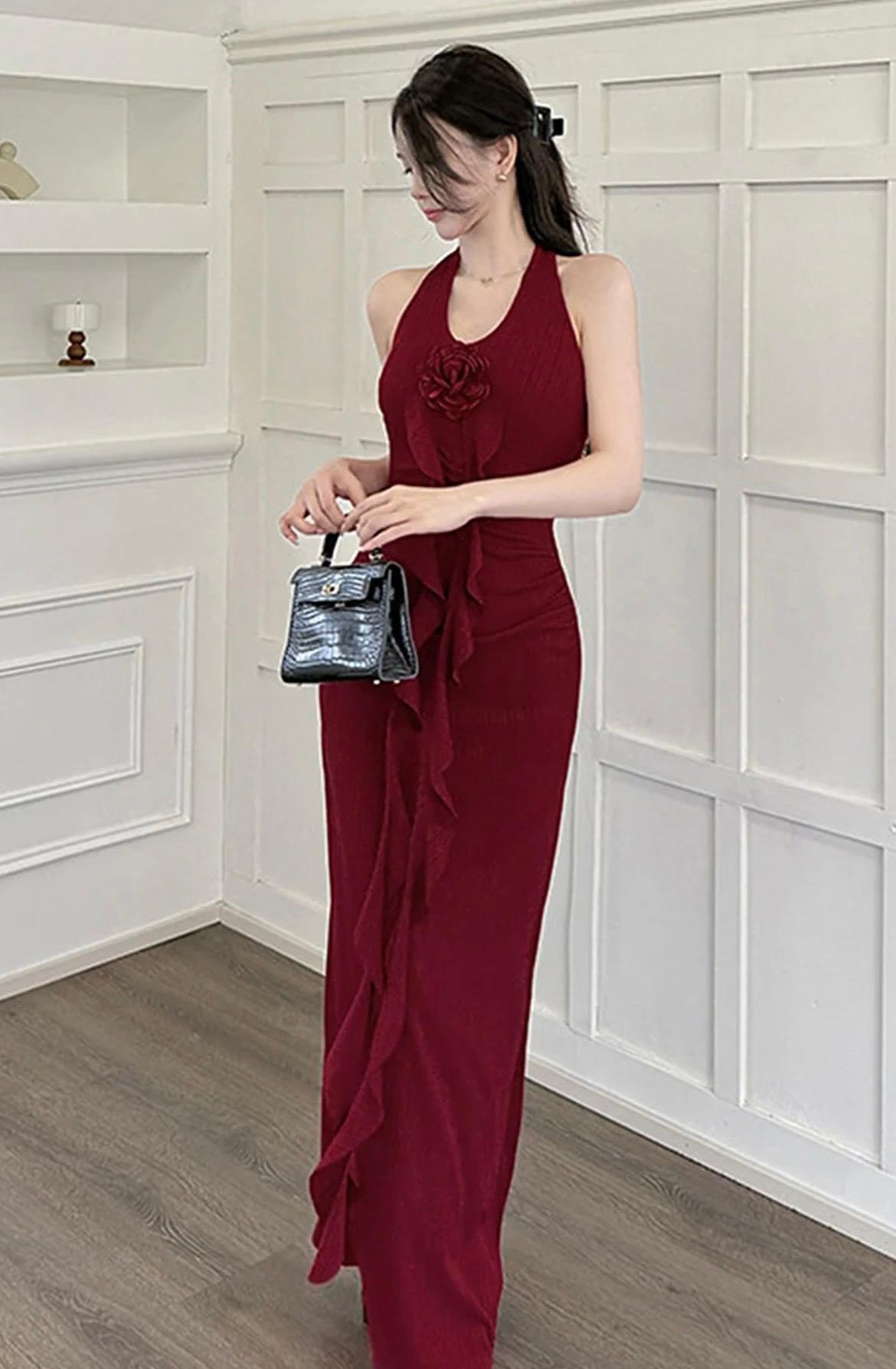 Women Halter Neck Ruffled Sheath Maxi Dress
