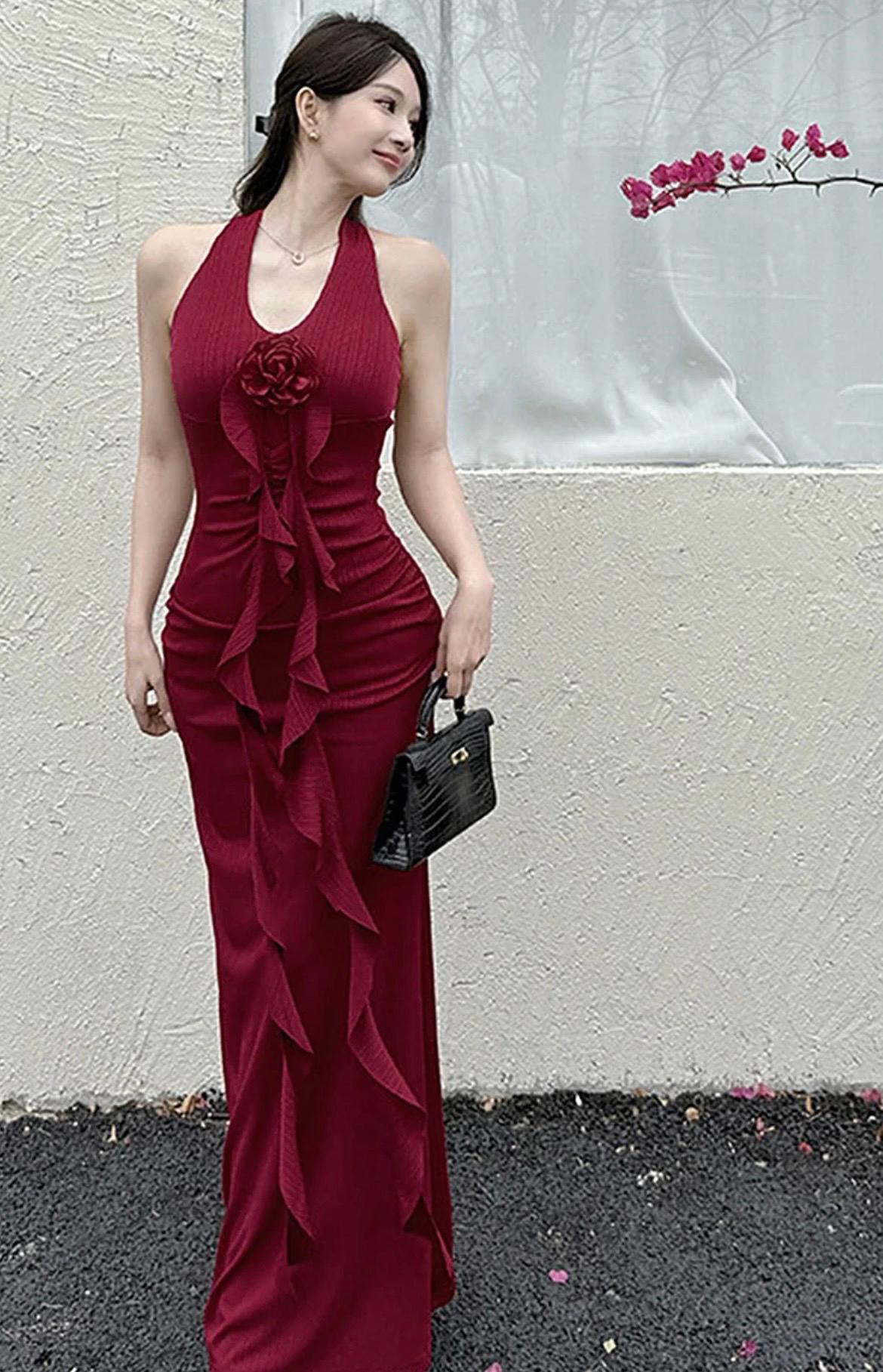 Women Halter Neck Ruffled Sheath Maxi Dress