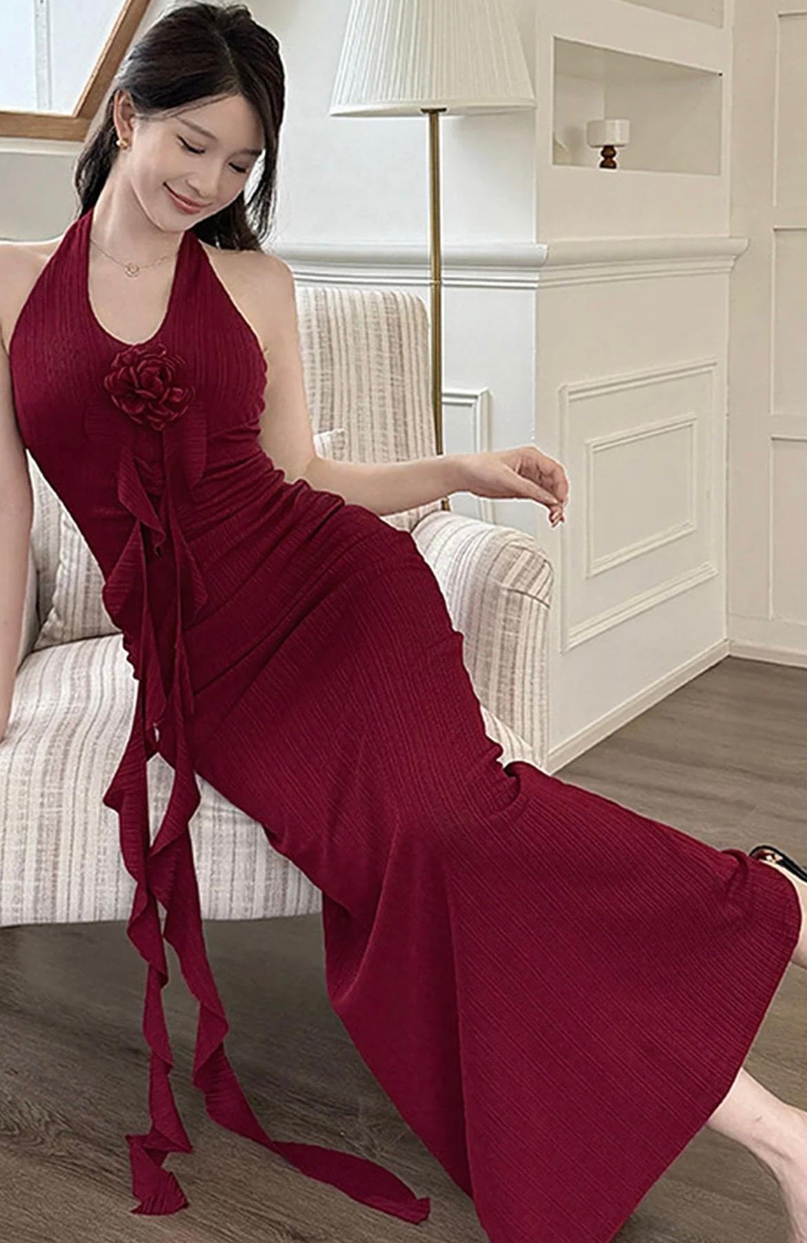 Women Halter Neck Ruffled Sheath Maxi Dress