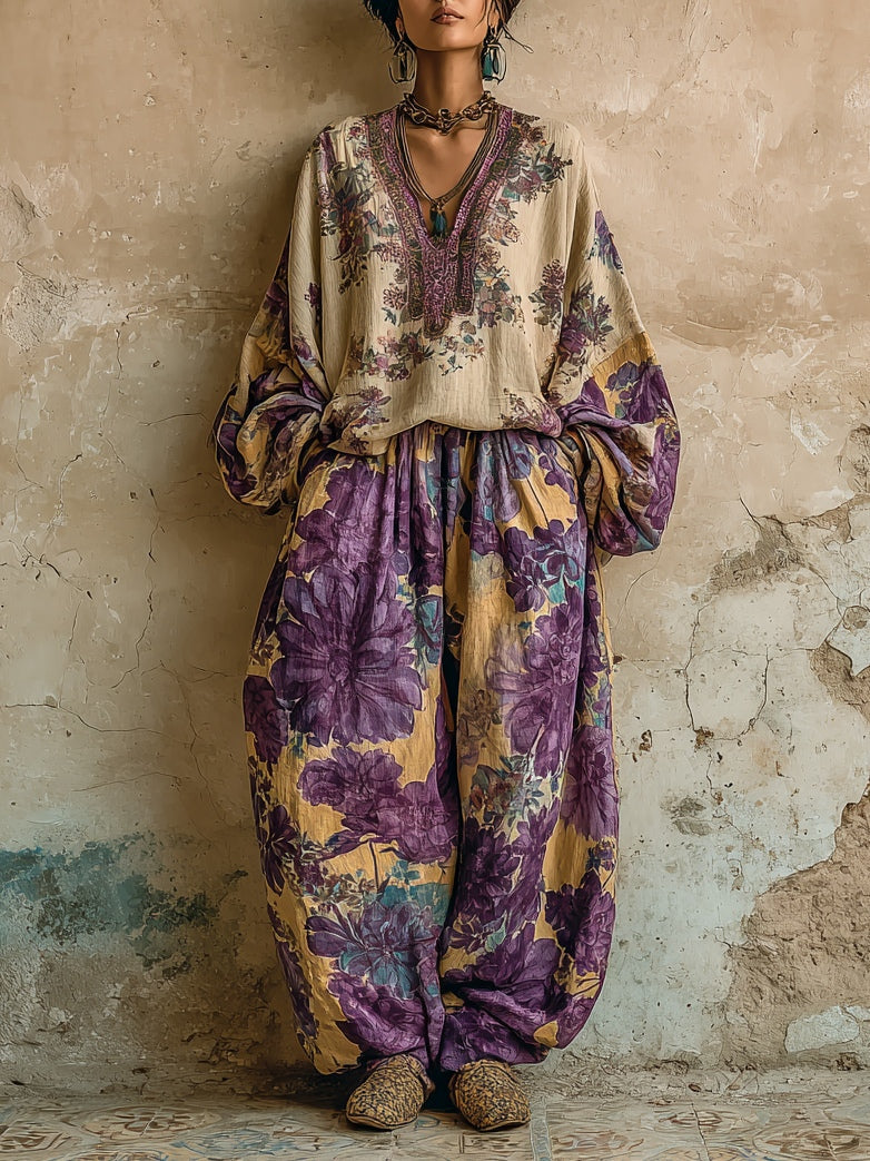 Retro Floral Print Loose Top And Pants Set
