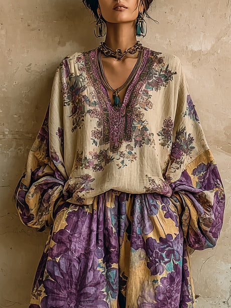 Retro Floral Print Loose Top And Pants Set