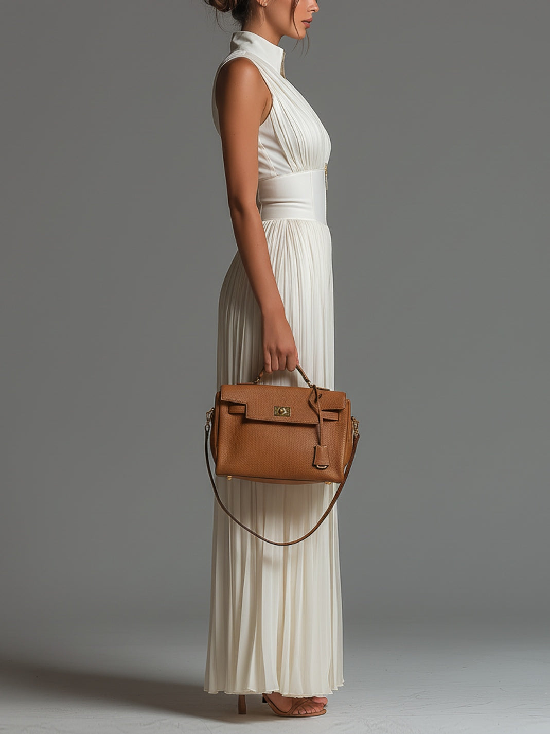 V-neck Sleeveless Zip-up Pleated Wide-leg Chiffon Jumpsuit