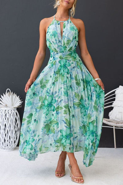Arabella™ - Floral Halter Neck Pleated Maxi Dress