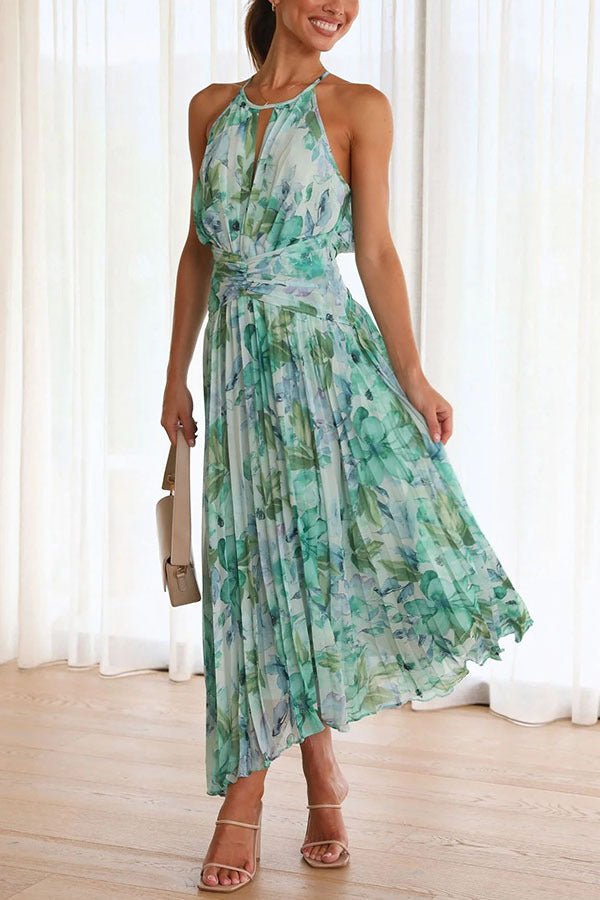 Arabella™ - Floral Halter Neck Pleated Maxi Dress