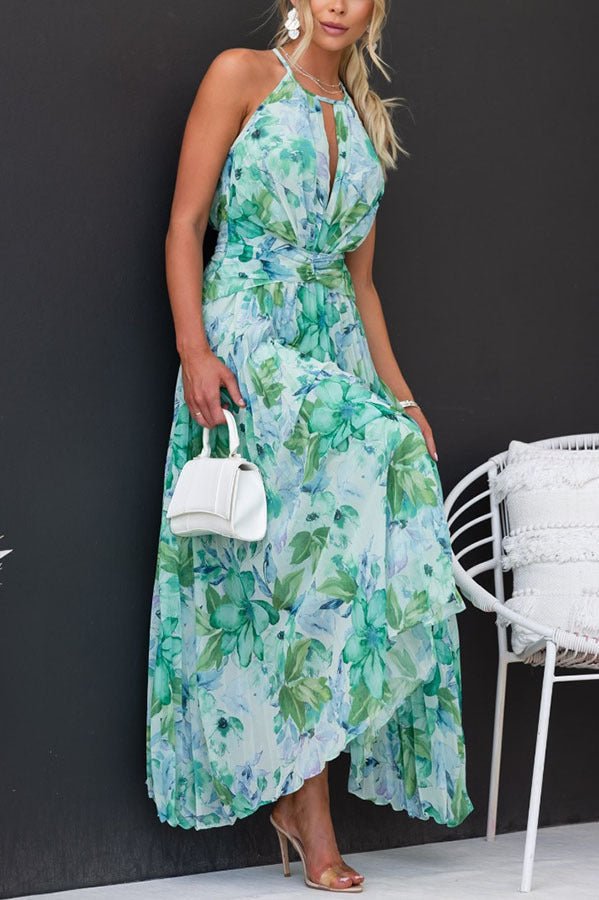 Arabella™ - Floral Halter Neck Pleated Maxi Dress