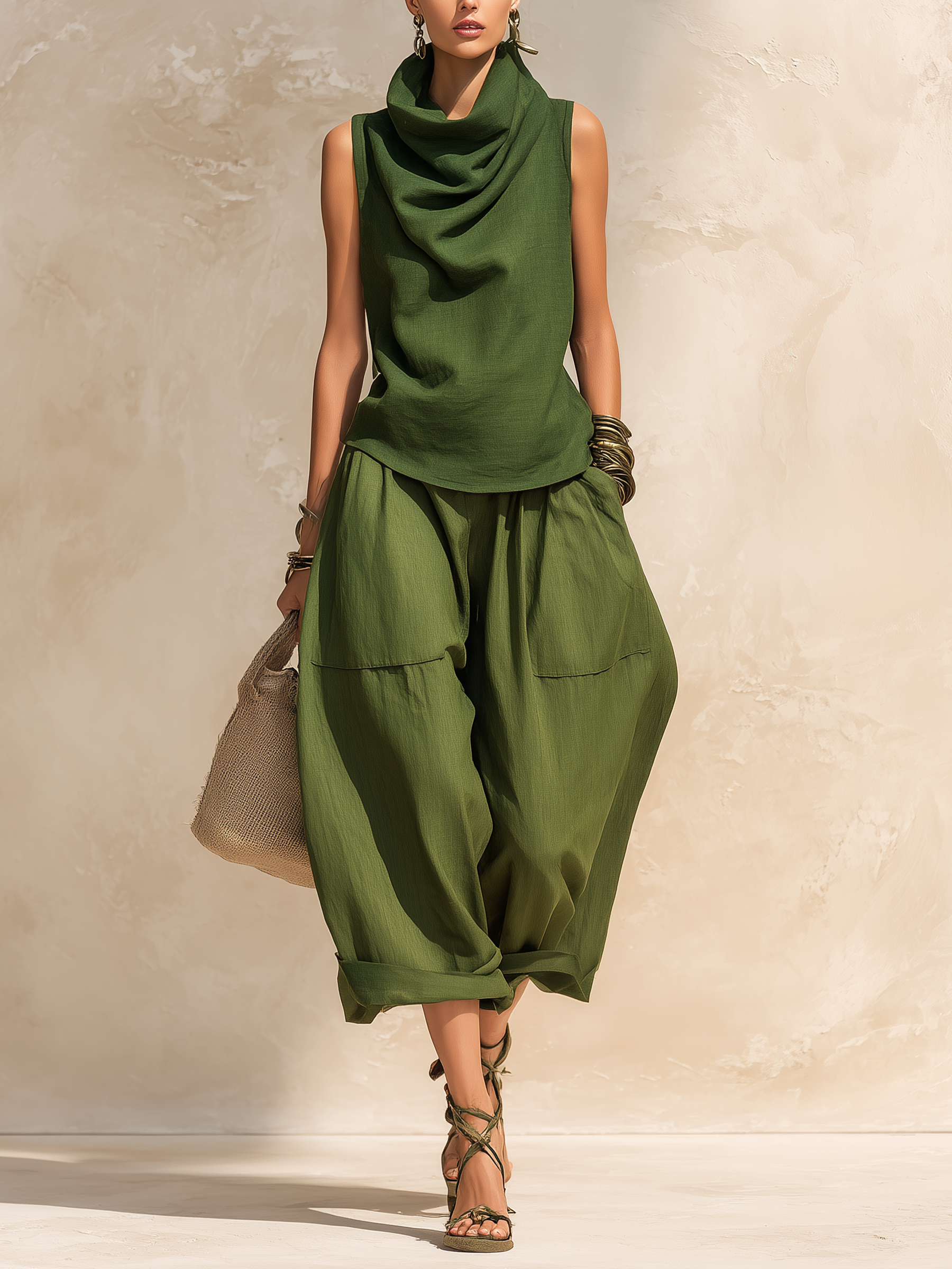 Green Cowl-Neck Sleeveless Top and Drop-Crotch Pants Set