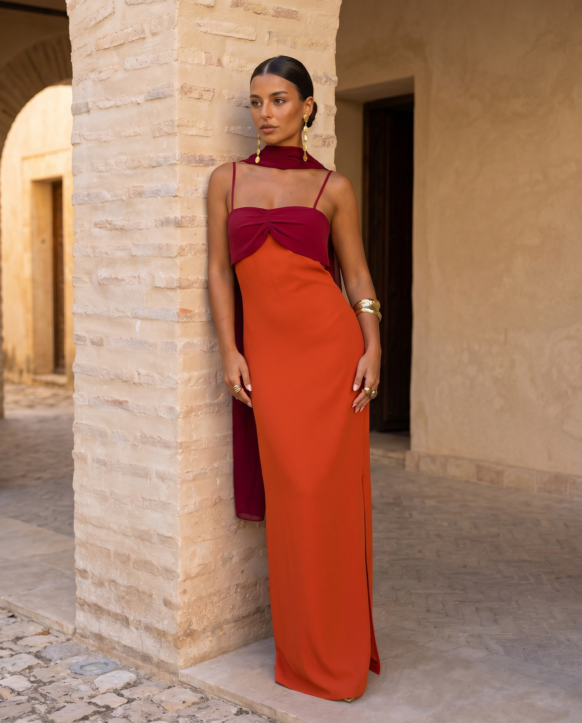 Zahara | Orange Maxi Dress with Red Neckline