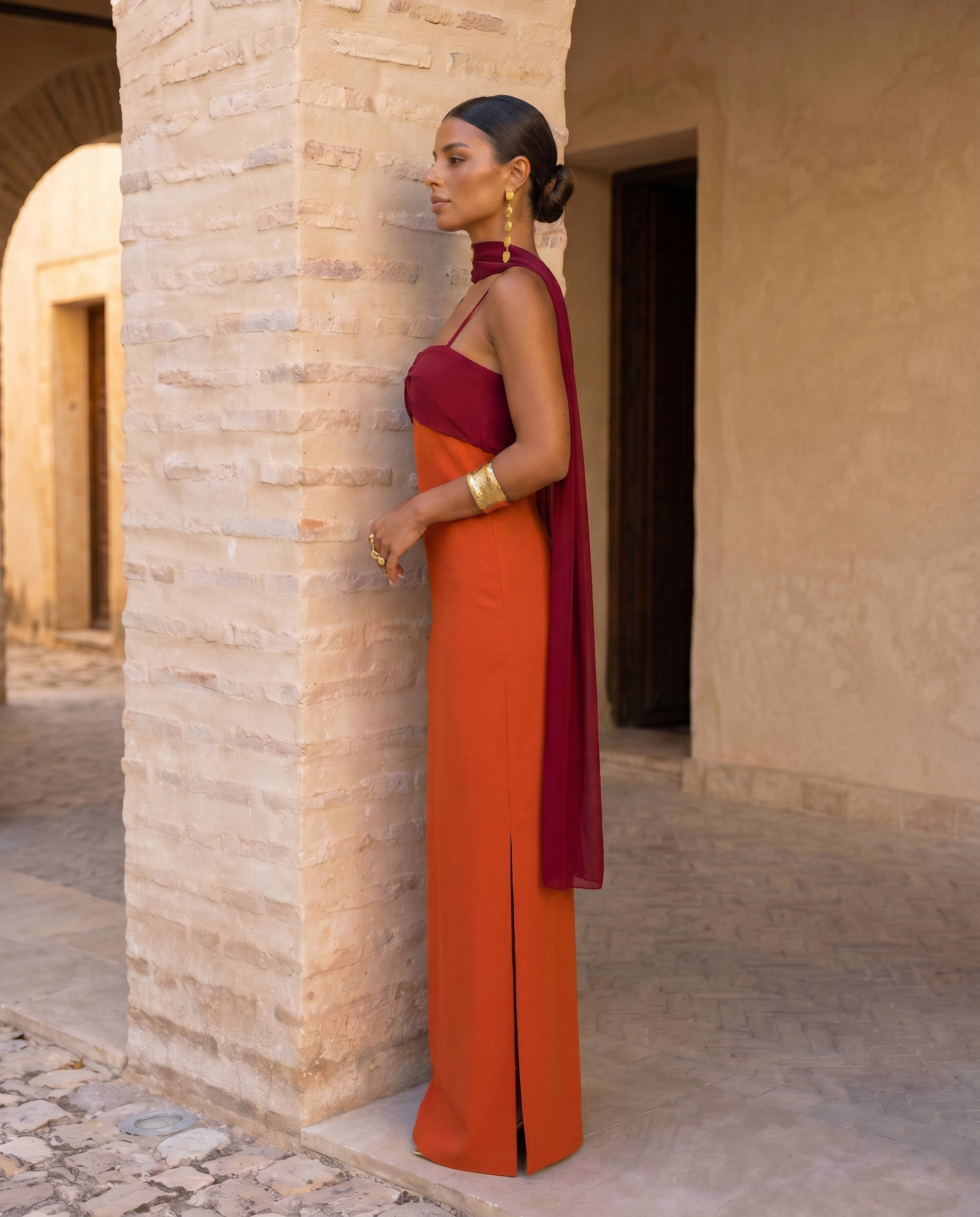 Zahara | Orange Maxi Dress with Red Neckline