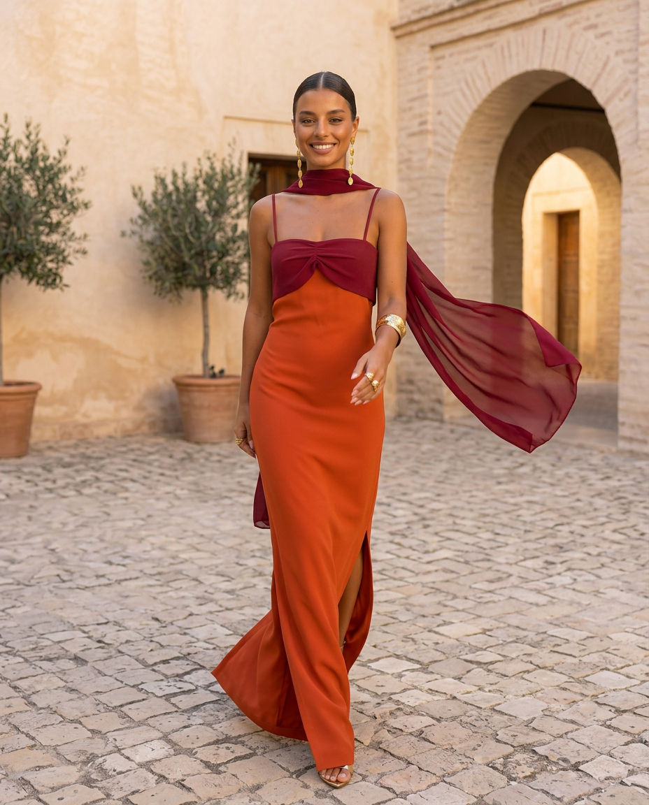 Zahara | Orange Maxi Dress with Red Neckline